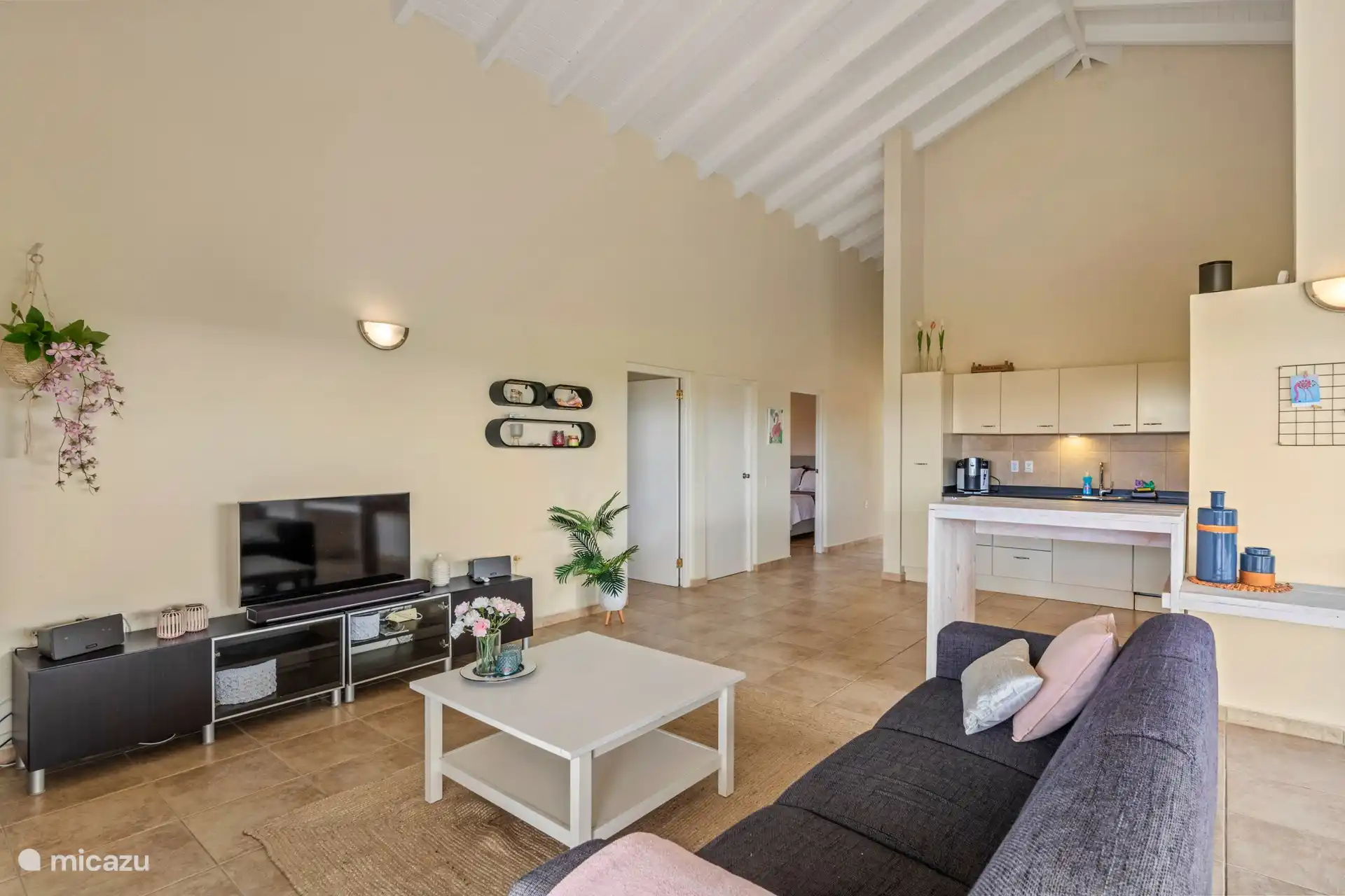 De gezellige woonkamer, inclusief comfortabele bank en televisie voor ontspannen avonden na een lange dag. Geniet van je favoriete muziek met ons Sonos systeem voor een perfecte sfeer in de kamer.