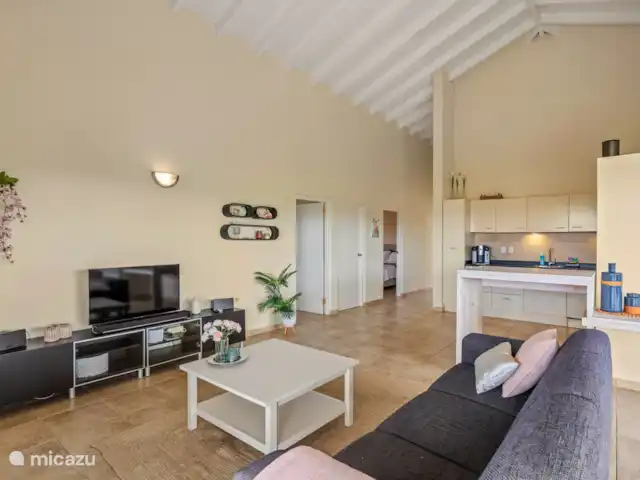Casa Rubus | Curaçao, Banda Ariba (est), Vista Royal - villa Le salon confortable, comprenant un canapé confortable et une télévision pour des soirées de détente après une longue journée. Profitez de votre musique préférée avec notre système Sonos pour une atmosphère parfaite dans la pièce.