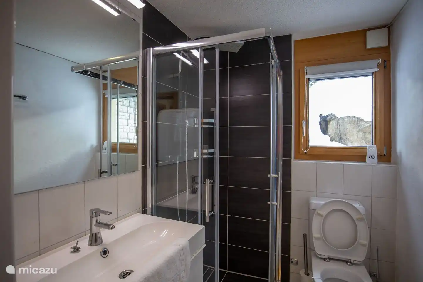 Badkamer met douche, toilet, wastafel en wasmachinetrommel