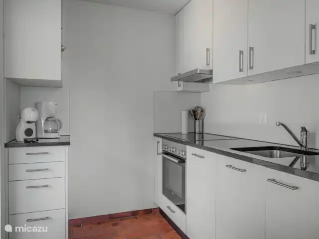 Location de Vacances Suisse, Valais, Fiesch, appartement - Kirschstein OG Une cuisine partiellement ouverte (neuve) avec une porte extérieure donnant sur la terrasse latérale.