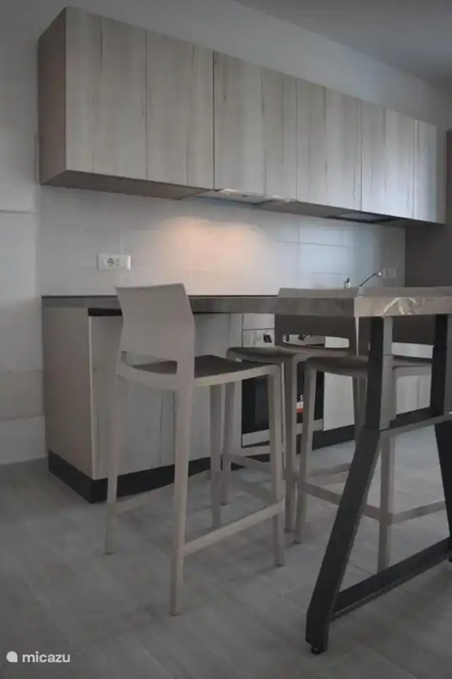 cocina equipada con placa de inducción, horno, lavavajillas, frigorífico con congelador