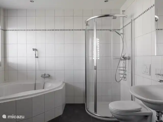 Laackerhof | Suisse, Valais, Bettmeralp - chalet Chambre avec 2 lits simples, lavabo, douche et baignoire, WC.