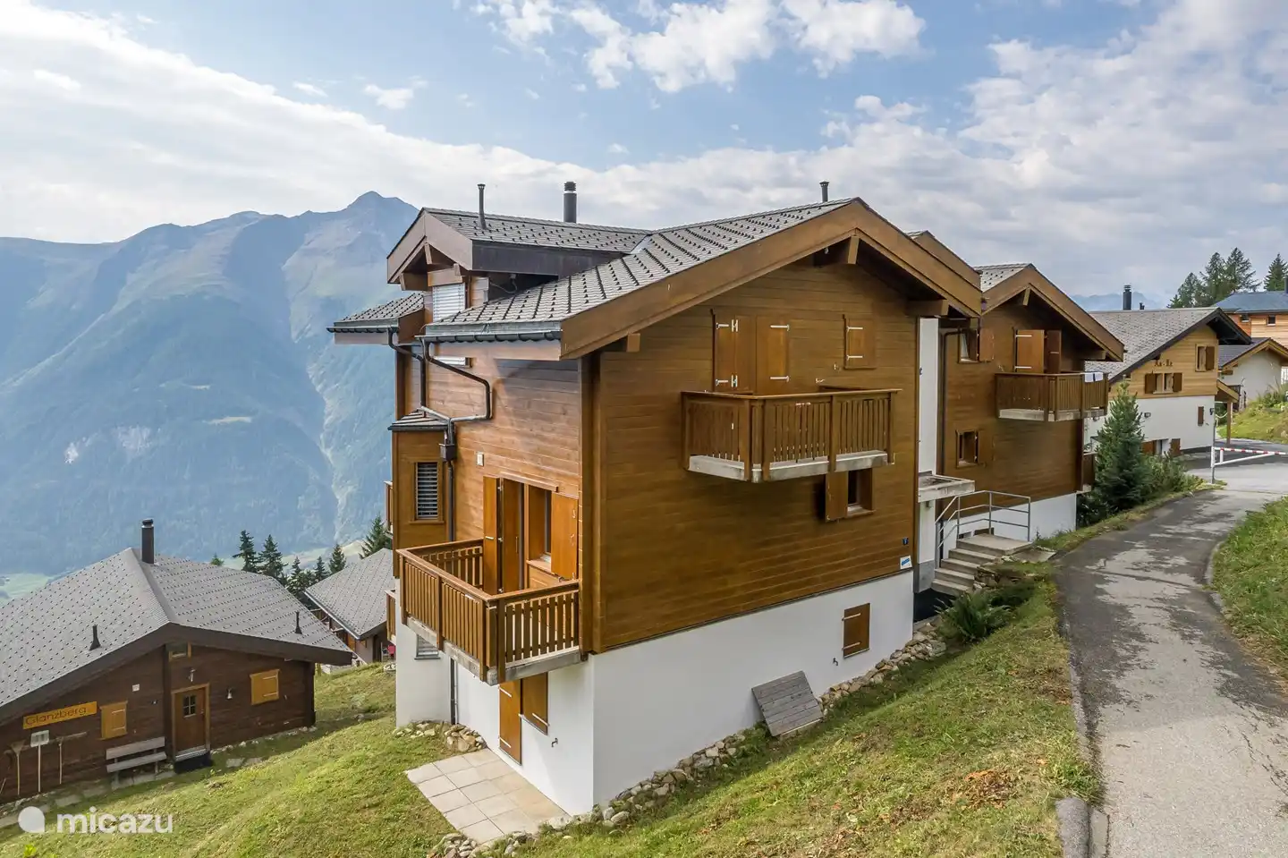 The house faces south with an unobstructed view of the Goms mountains on the opposite side and the Valais Alps (Mischabel group with Dom, 4,545 m).