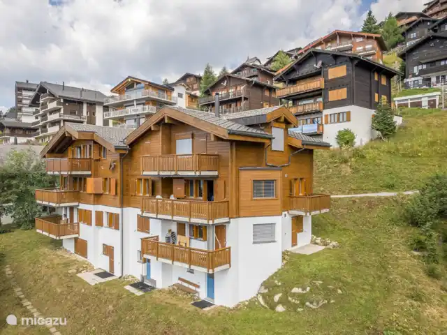 Camelot 4 | Suisse, Valais, Bettmeralp - appartement La maison est exposée plein sud avec une vue dégagée sur les montagnes de Conches en face et les Alpes valaisannes (groupe Mischabel avec Dom, 4'545 m).
