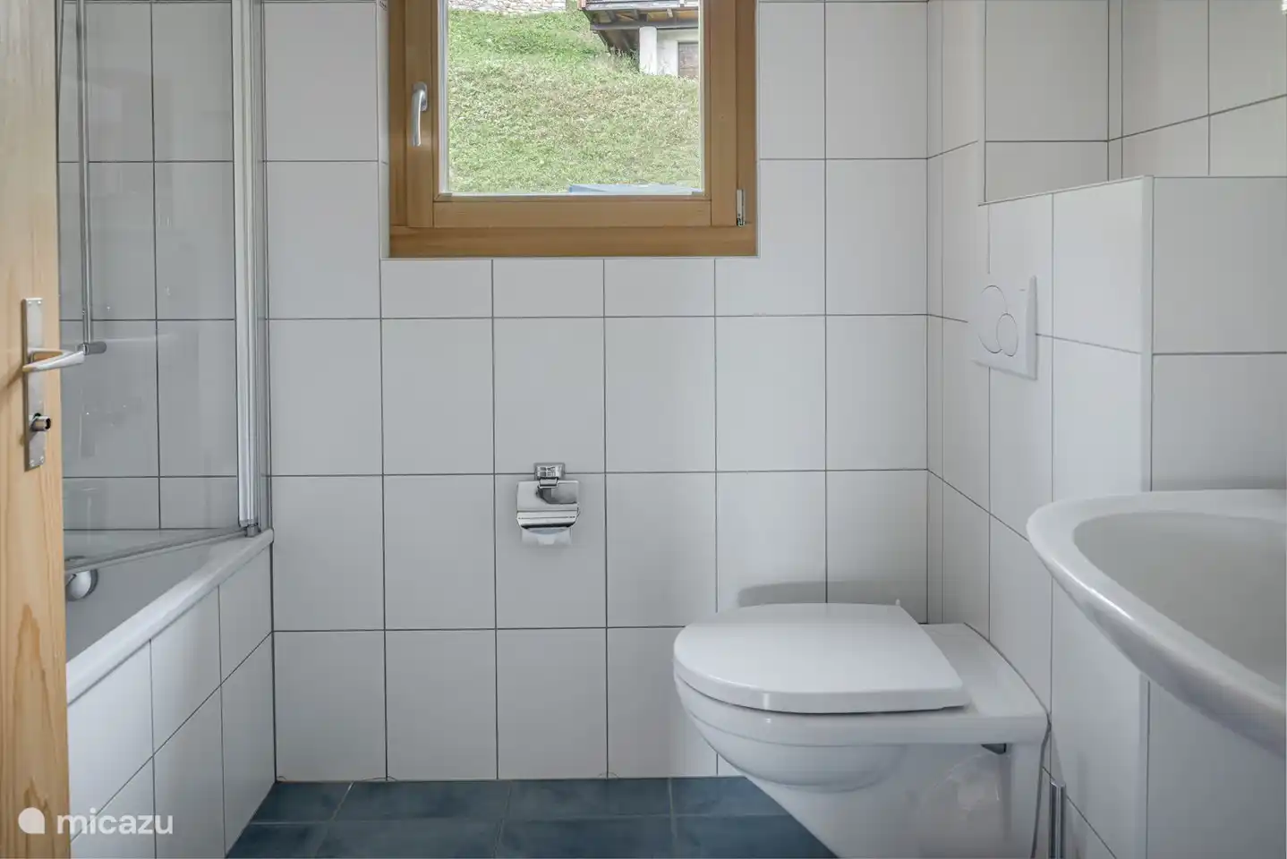 Badkamer met ligbad, toilet, wastafel