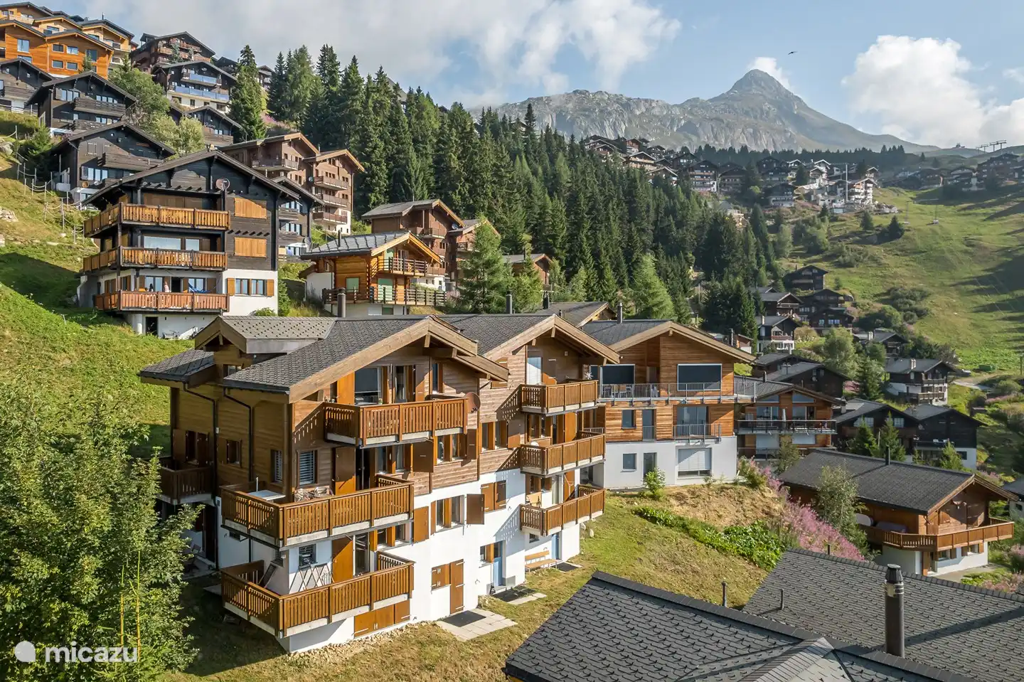 Het huis, met een berging en wasruimte, ligt op het rustige zuiden met zijn balkons, met vrij uitzicht op de bergen aan de overkant en de Walliser Alpen.