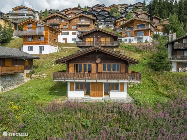 Location de Vacances Suisse, Valais, Bettmeralp, chalet - UVA Le chalet est en bordure des bâtiments et dispose d'un immense balcon orienté est, sud et sud-ouest et d'une terrasse orientée sud.