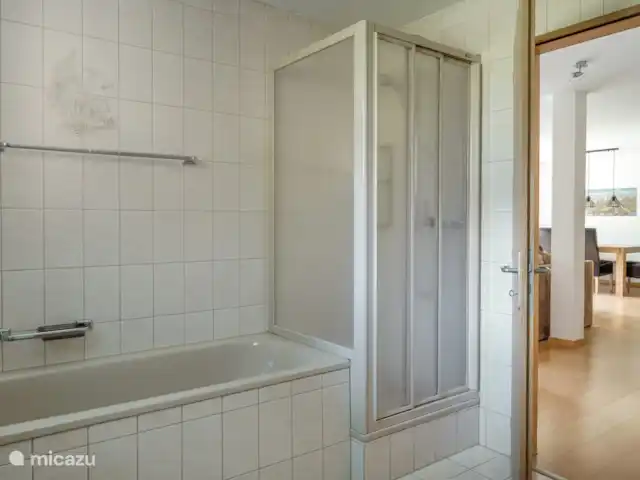 Eilander Sunshine en Suiza, Valais, Fiesch - apartamento Cuarto de baño con bañera, ducha, lavabo e inodoro