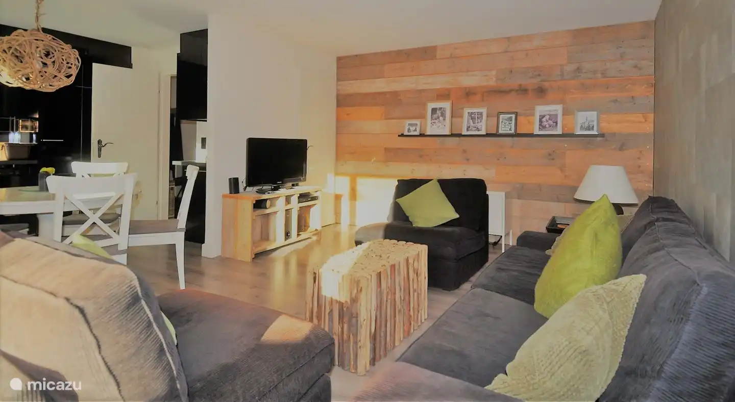 Séjour avec coin salon, chaîne stéréo avec CD/DVD, TV, radio et WiFi et coin bureau.