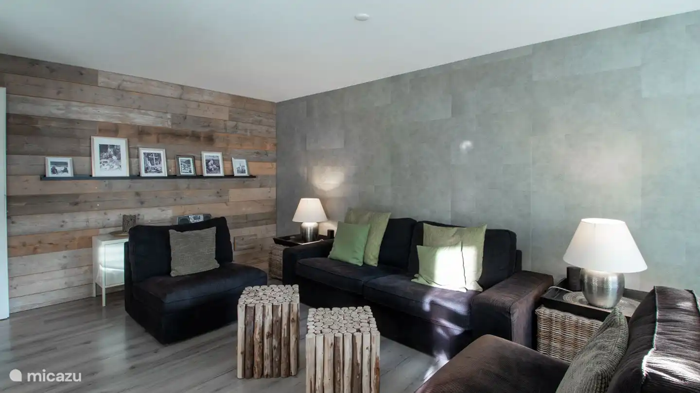 Séjour avec coin salon, chaîne stéréo avec CD/DVD, TV, radio et WiFi et coin bureau.