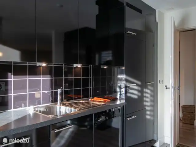 Location de Vacances Suisse, Valais, Fiesch, appartement - Romantika Cuisine avec cuisinière électrique, four, réfrigérateur avec congélateur, cafetière, bouilloire.