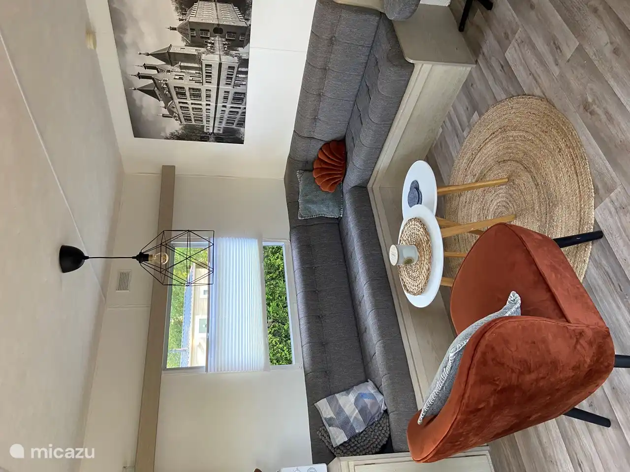 The nice couch in front of the television.