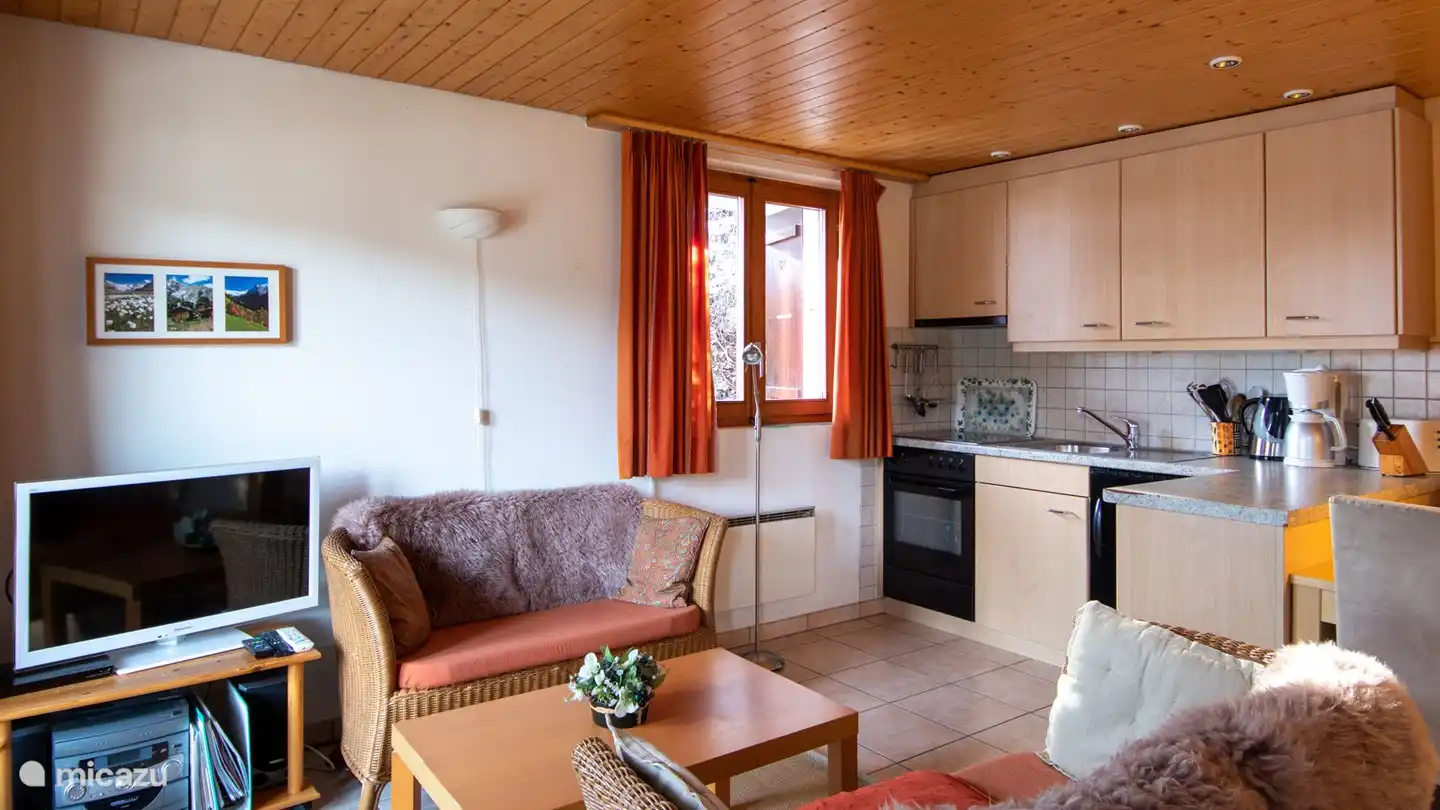 Salon-salle à manger avec cuisine ouverte.
Dans la cuisine, vous trouverez tous les équipements nécessaires à une cuisine raffinée. Le salon dispose d'un lit escamotable moderne et confortable pour 2 personnes qui peut être déplié sans aucun problème.