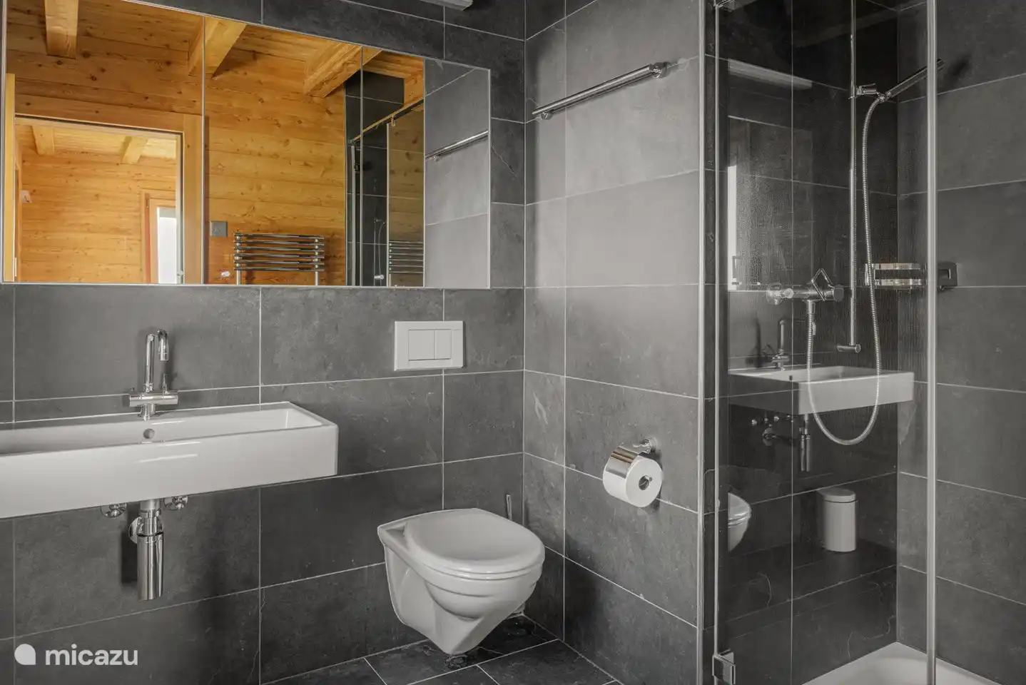 Badkamer met douche/wc/wastafel.