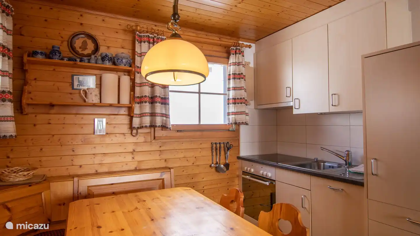 Woonkamer met open haard, open keuken (bovenste verdieping met vaatwasser)