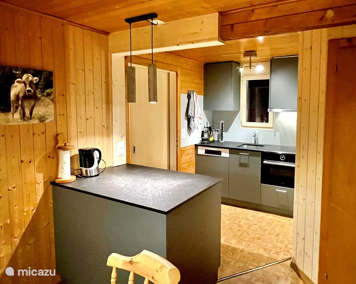 Cocina abierta con muchas encimeras de granito.