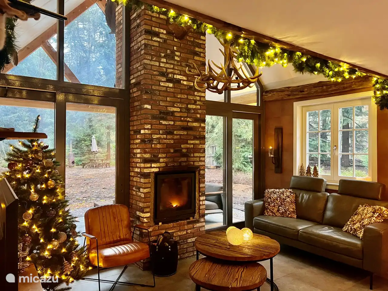 Le salon cosy avec poêle à bois et à travers les nombreuses vitres vue sur les nombreux oiseaux, écureuils et parfois même un blaireau !