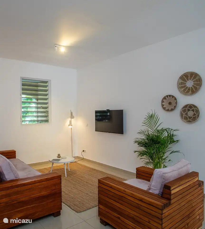 Coin salon confortable et douillet avec ventilateur de plafond et une télévision sur laquelle vous pouvez facilement diffuser vos programmes préférés.