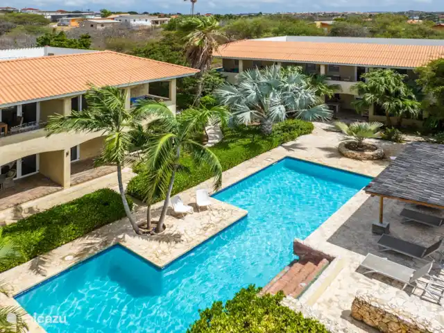 Casa del Viento Curaçao  | Curaçao, Banda Ariba (est), Cas Grandi - appartement Piscine spacieuse et belle avec cascade, transats confortables et une terrasse, parfaite pour se détendre et se rafraîchir.