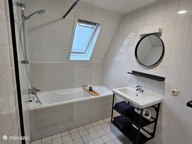 Moderne 6 pers. maison de vacances | Pays-Bas, Overijssel, Gramsbergen - maison de vacances La salle de bain, rénovée en janvier 2024, dispose d'une baignoire, d'une douche à l'italienne et d'une vasque.