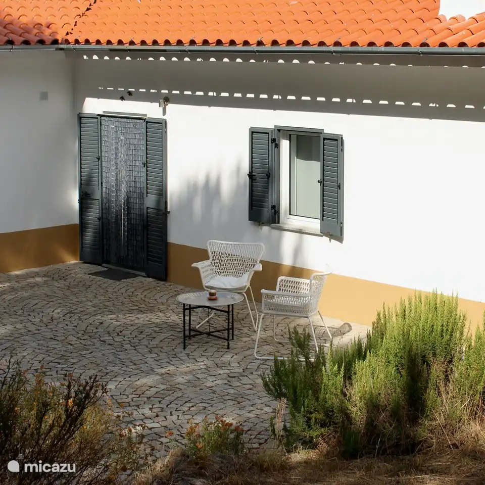 Die hintere Terrasse mit Morgensonne. Direkt vom Wohnzimmer aus zugänglich. Hier befindet sich auch die Tür zur Waschküche.