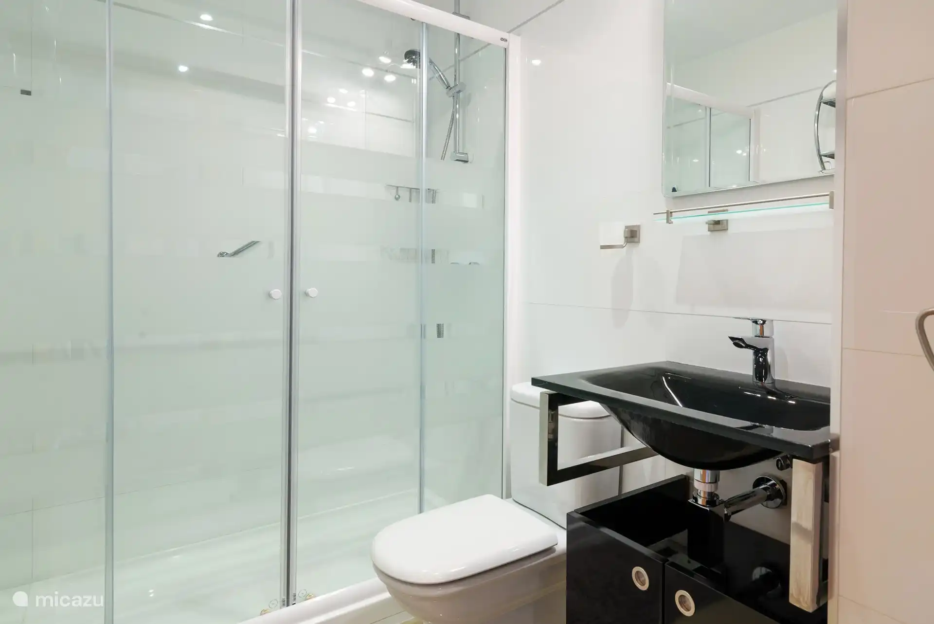 Badezimmer 1 im Erdgeschoss mit ebenerdiger Dusche und Toilette 