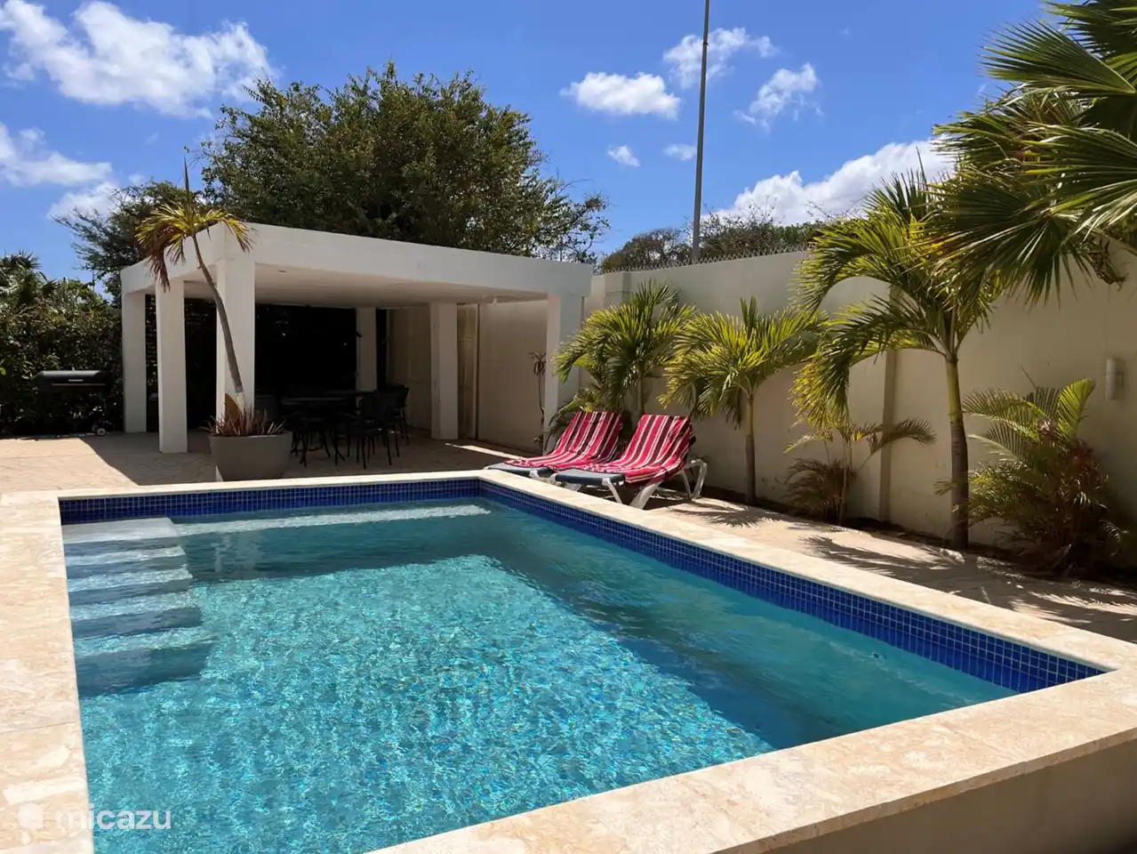 Spacious and new swimming pool including beds and shaded terrace.