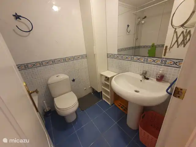 appartement huren in Spanje, Costa Blanca, La Mata – Boathouse Ruime badkamer met lavabo, toilet en bad met douchekop.