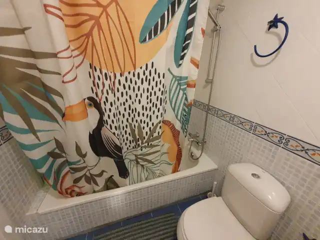 appartement huren in Spanje, Costa Blanca, La Mata – Boathouse Ruime badkamer met lavabo, toilet en bad met douchekop.