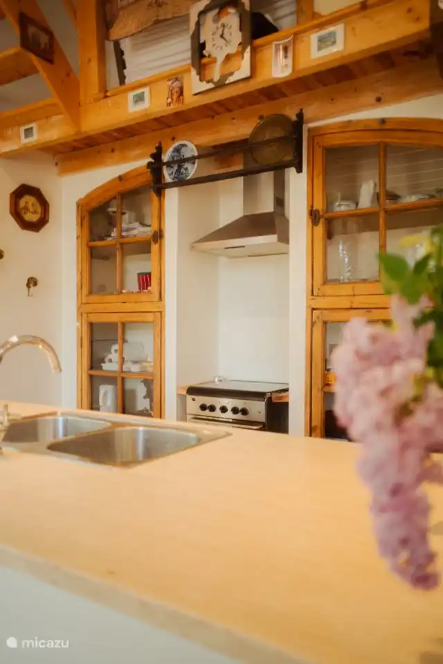 Geräumige offene Küche mit Herd, Backofen, zwei Kühlschränken mit Gefrierfach