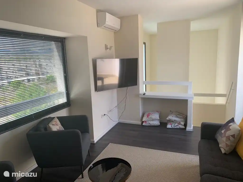 El salón ofrece una pantalla plana de pantalla ancha con Netflix, cómodos sofás individuales y de tres plazas y un sofá cama. El aire acondicionado y la decoración de las ventanas crean el ambiente perfecto.