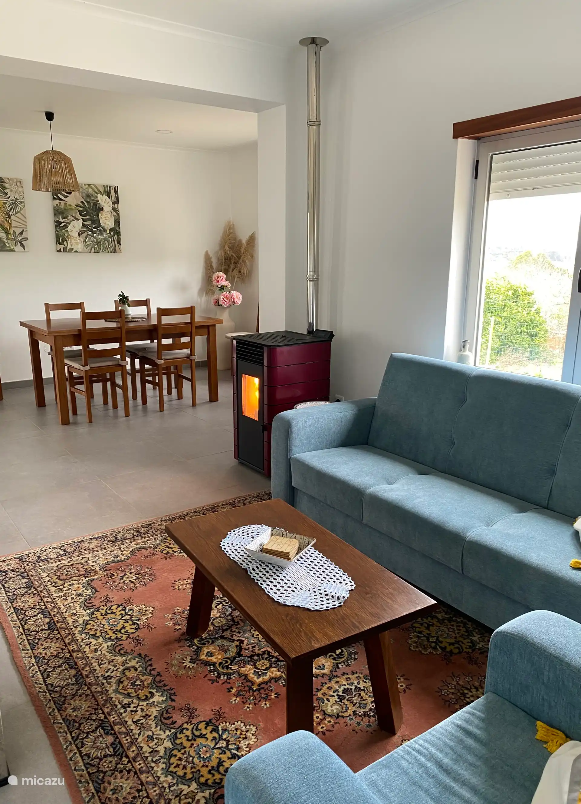 Living room with pellet stove. 
