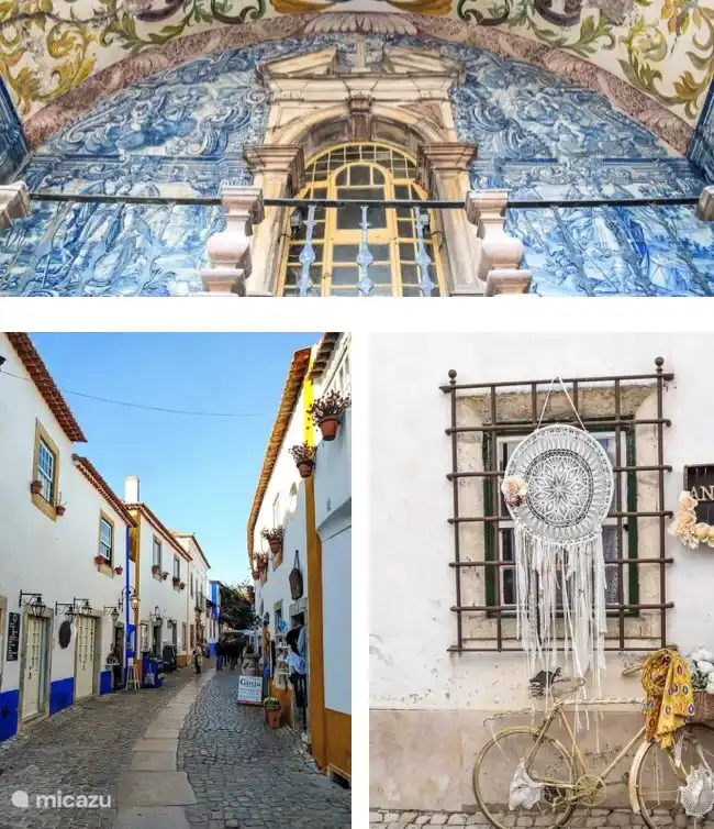 Stay in Obidos for a while. Rustic street and façade of the old church