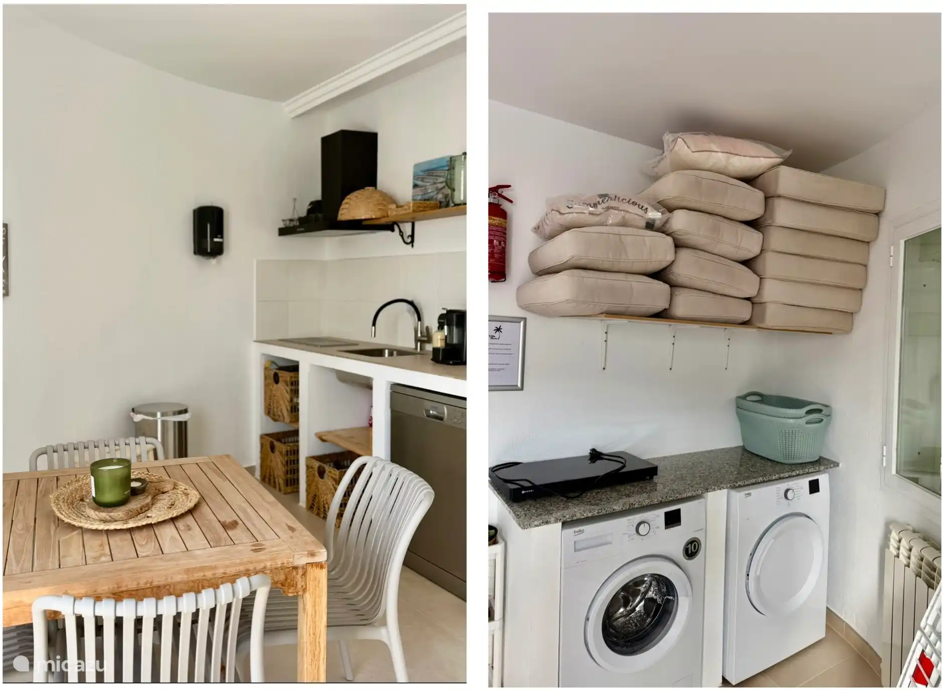 Pantry & Laundry ruimte, beneden.

In 2025 vernieuwde kitchenette met o.a. vaatwasser, magnetron, koelkast, kookplaat en prachtig servies en zitje.

Laundry: wasmachine & wasdroger, strijkfaciliteiten