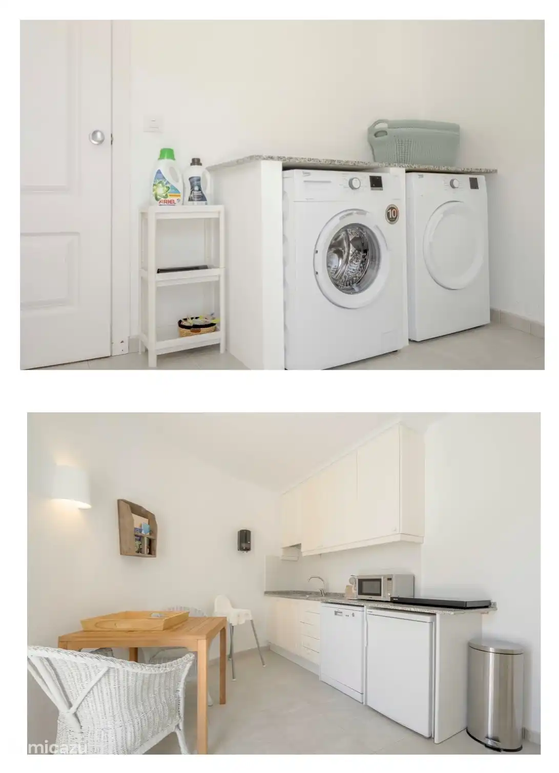 Pantry & Laundry ruimte beneden.

Kitchenette met vaatwasser, magnetron, koelkast, kookplaat.

Laundry met wasmachine & wasdroger, droogrek.
Tevens is een strijkplank & -ijzer aanwezig.