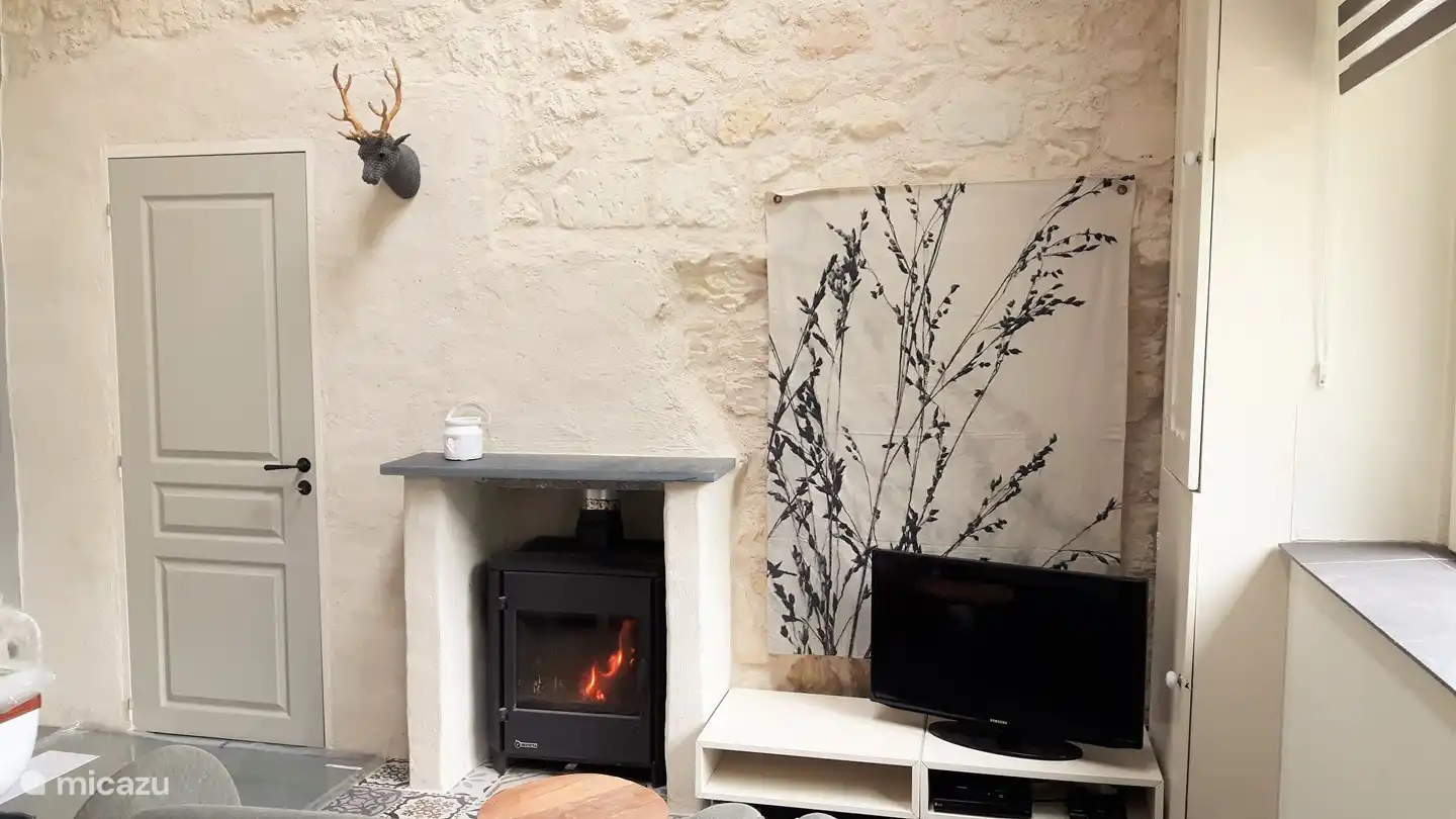living room with wood stove