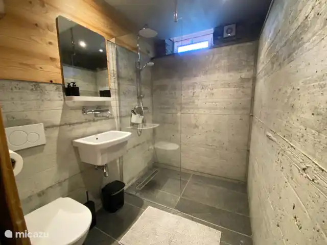 Cabane de Montagne Valsesia Nel Bosco | Italie, Piémont, Cravagliana - tiny house La salle de bain industrielle ajoute une touche moderne et unique à l'expérience globale de la cabine. La présence de toilettes, d'un lavabo avec miroir et d'une douche à effet pluie assure confort et commodité.