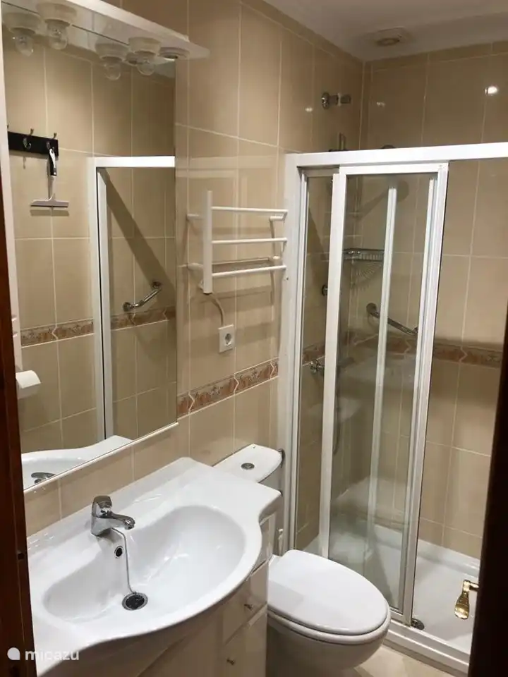 bathroom with heated towel rail, hair dryer, walk-in shower and washbasin with extra socket.