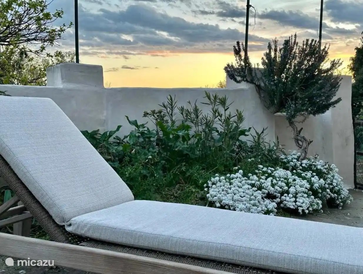 Patio avec 2 chaises longues et plusieurs terrasses avec espaces salon