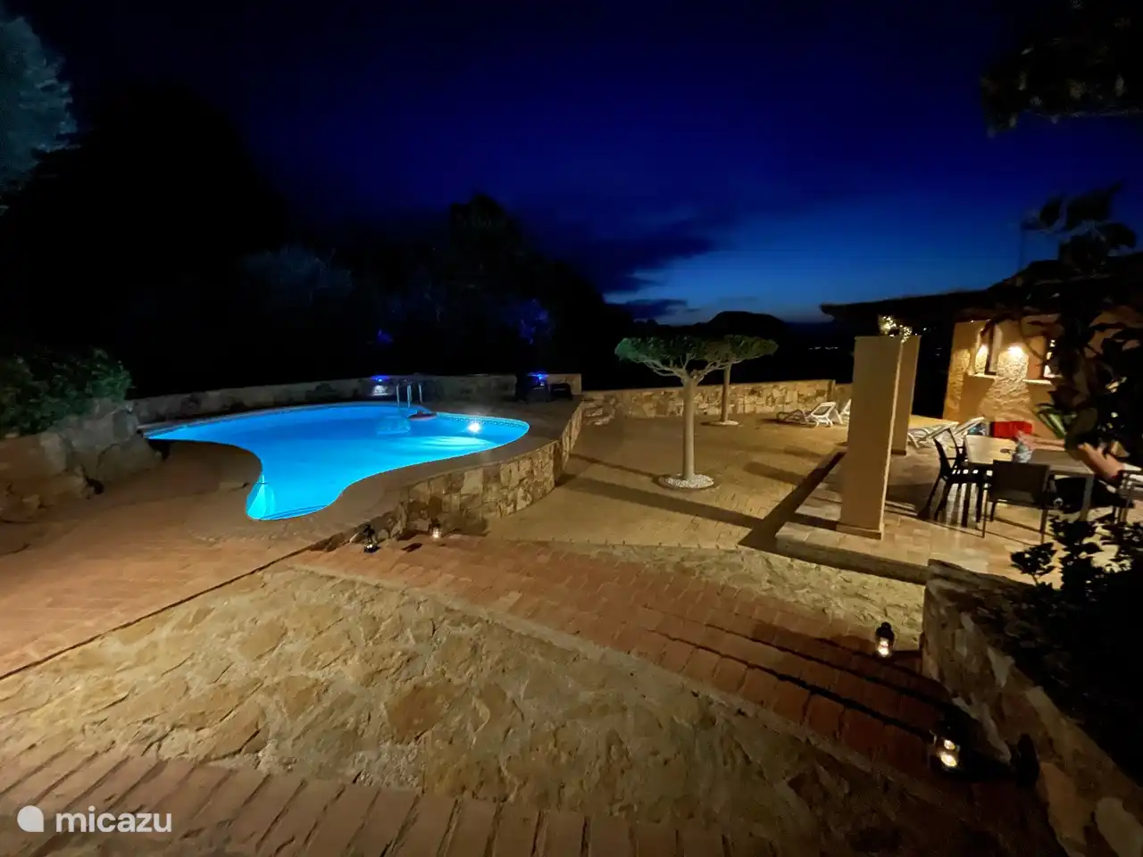 The swimming pool and lighting at night.