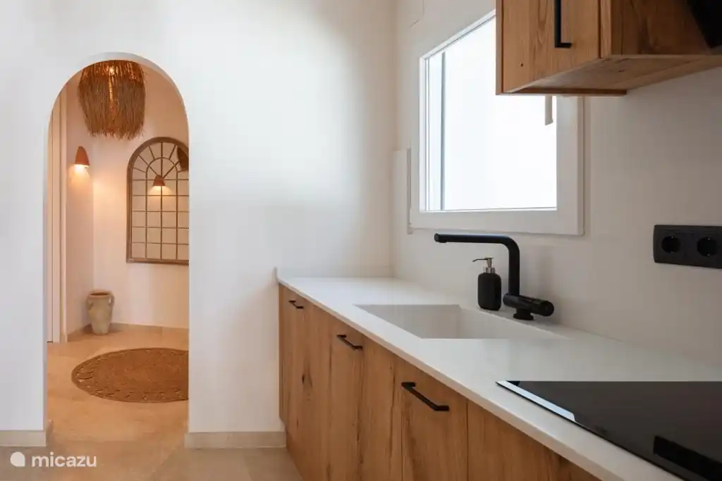 Küche mit amerikanischem Kühlschrank und Eiswürfeln, Induktionskochfeld