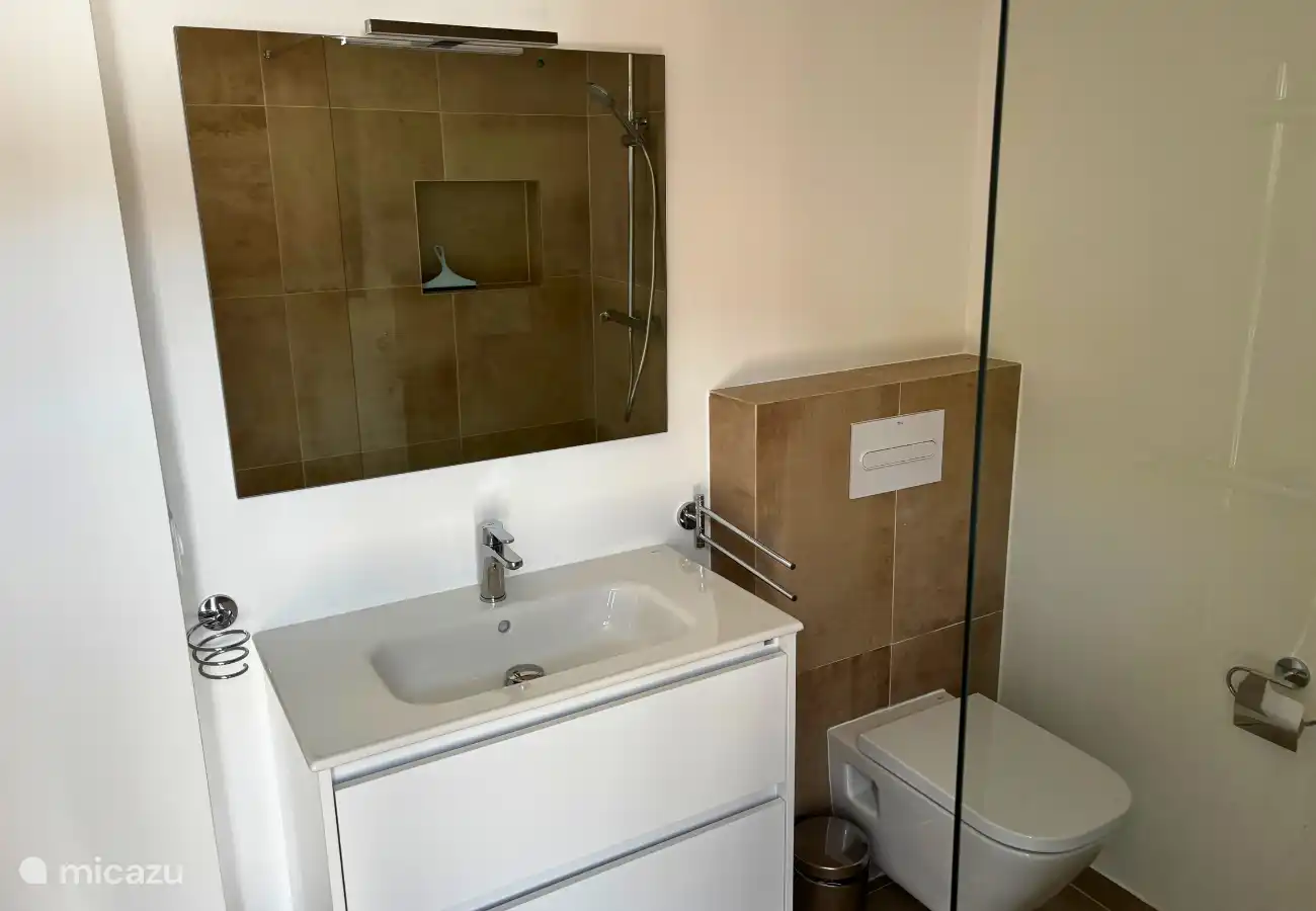 Badezimmer 1 mit Dusche, Waschbecken und WC