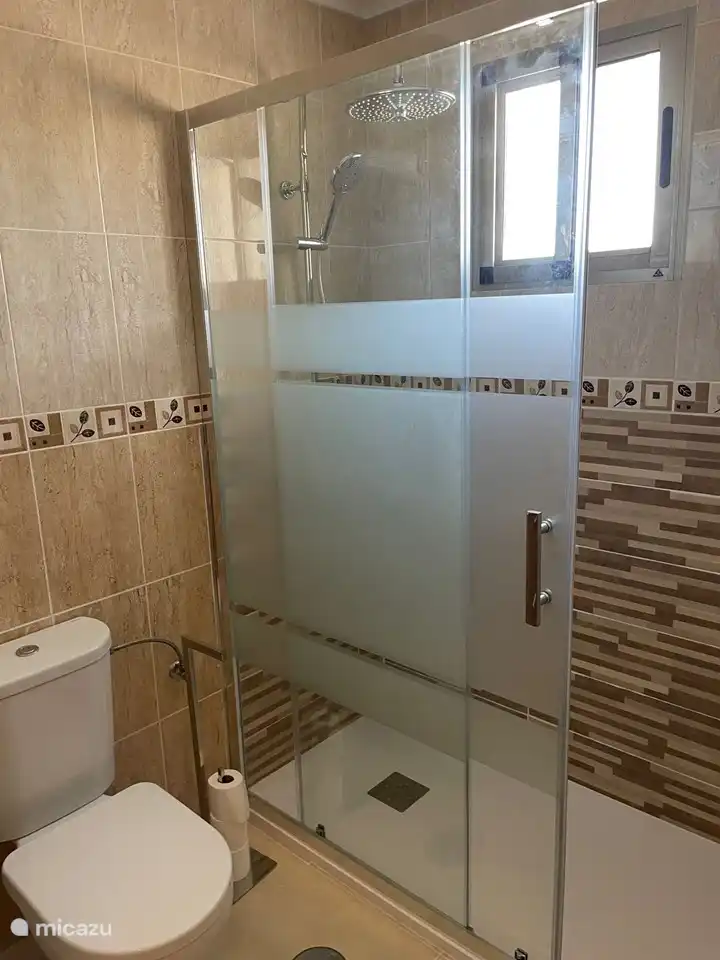 Badkamer met wastafel, toilet en inloopdouche met regendouche