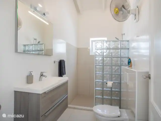Villa Bunita Bista (Mooi uitzicht) huren in Curaçao, Banda Ariba (oost), Jan Thiel - villa De badkamer in het appartement is lekker ruim met een wastafel, douche, toilet en ventilator.