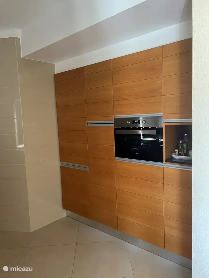 Die offene Küche mit allen grundlegenden Einrichtungen. Es gibt auch einen Geschirrspüler und eine Waschmaschine.