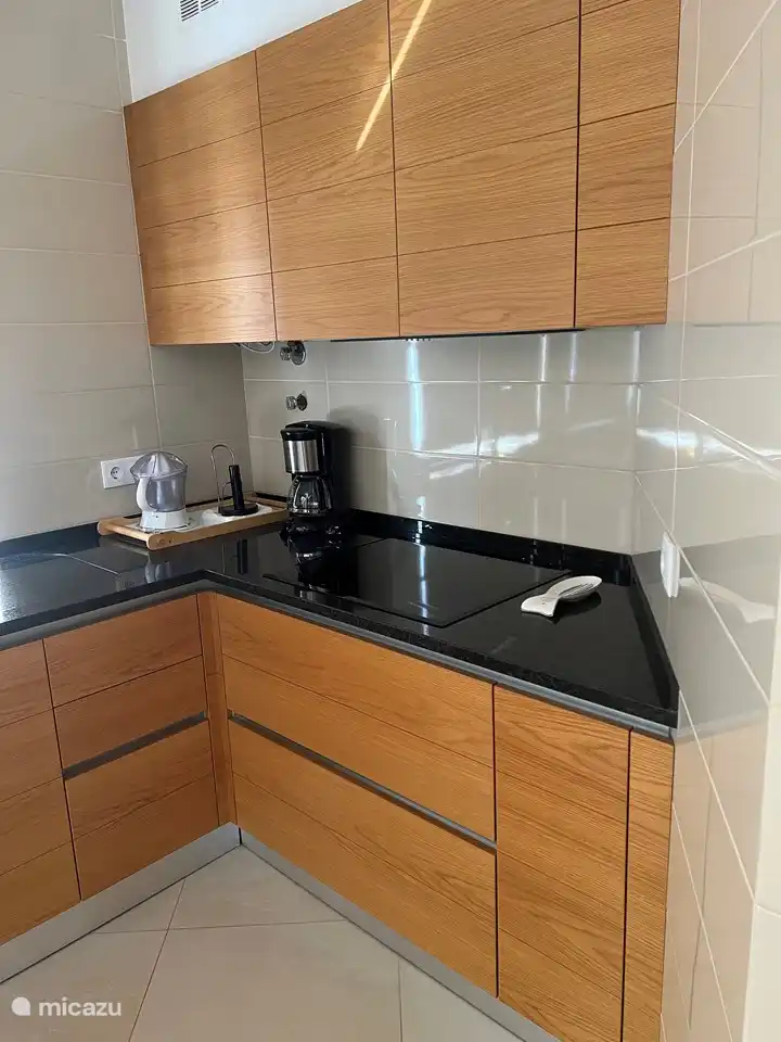 Die offene Küche mit allen grundlegenden Einrichtungen. Es gibt auch einen Geschirrspüler und eine Waschmaschine.