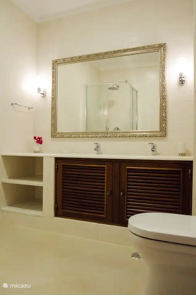 Das Badezimmer verfügt über eine Dusche und 2 Waschbecken.