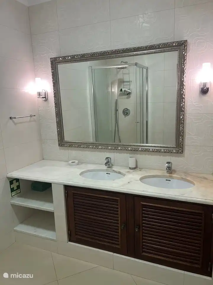 Das Badezimmer verfügt über eine Dusche und 2 Waschbecken.