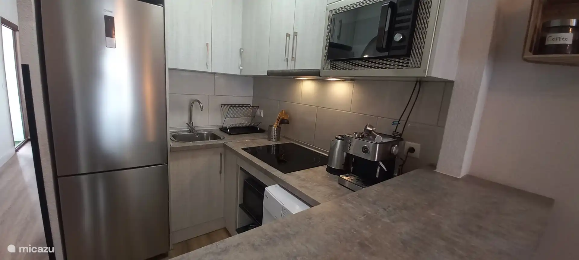 Kitchen is equipped with a refrigerator oven, microwave, kettle, induction hob, extractor.