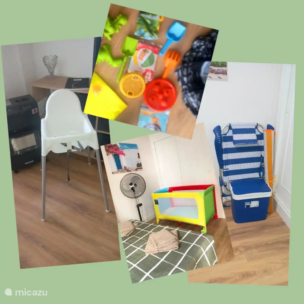 Toys, beach gear, baby bed, dining chair, gas heater.